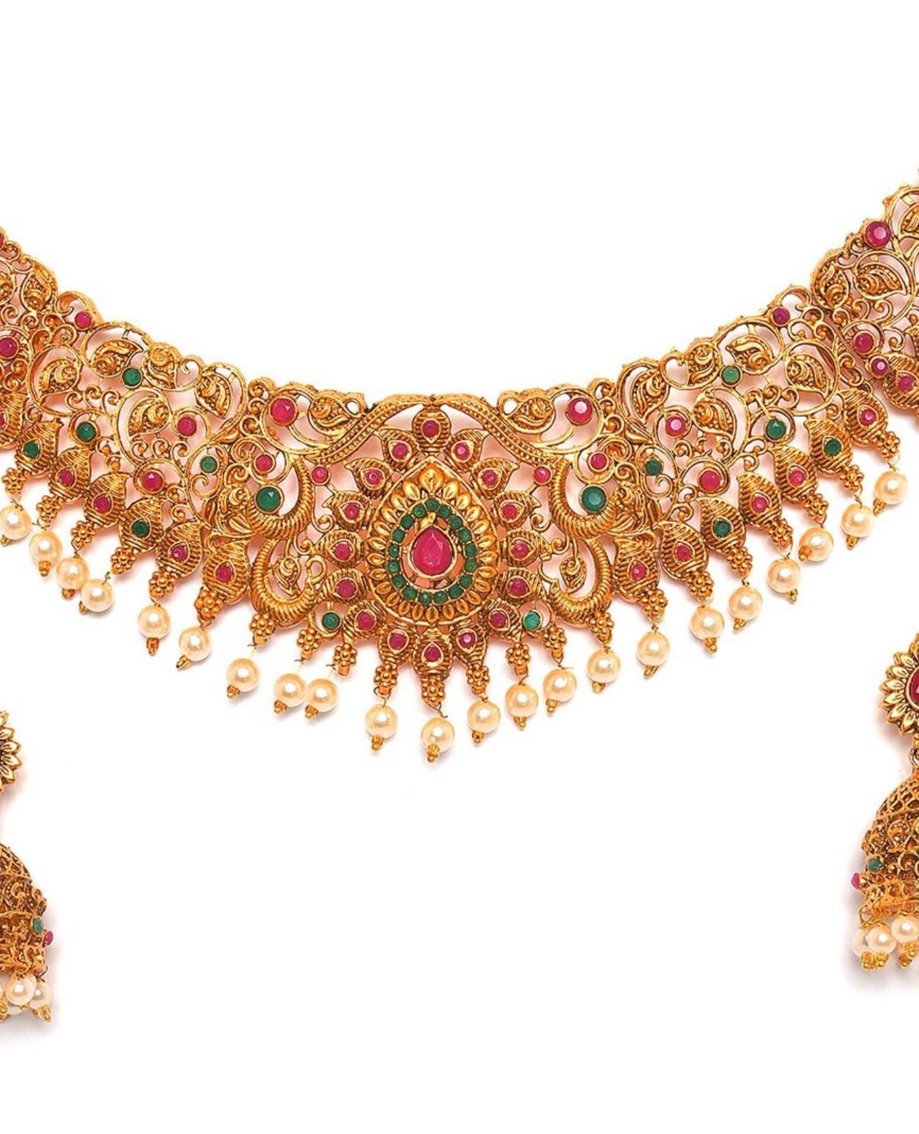 Gold-Plated & Pink Stone Studded Temple Jewellery Set in Germany