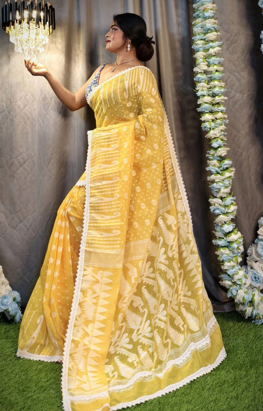Ethnic Motifs Handloom Jamdani Saree embroidery and fabric detail - Neha Couture Indian Fashion