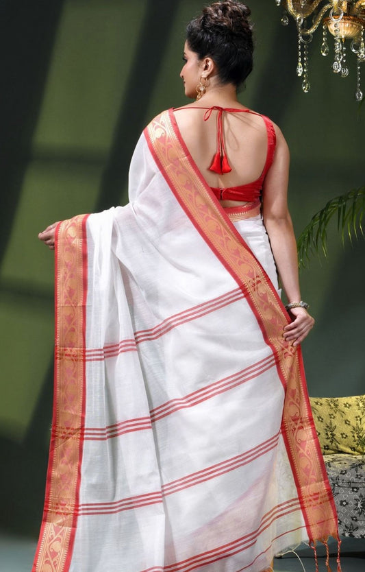Ethnic Motifs Zari Pure Cotton Traditional Saree(Onam Saree) embroidery and fabric detail - Neha Couture Indian Fashion