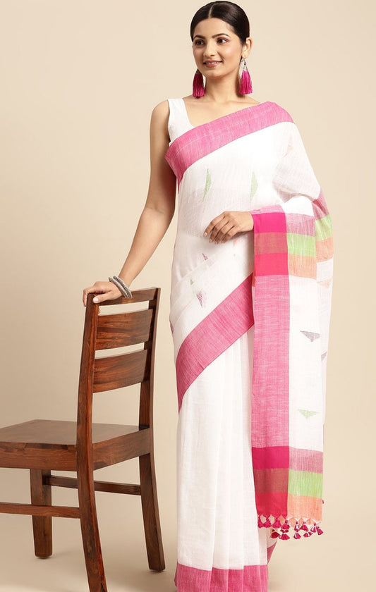 White & Pink Geometric Design Pure Cotton Taant Saree in Germany