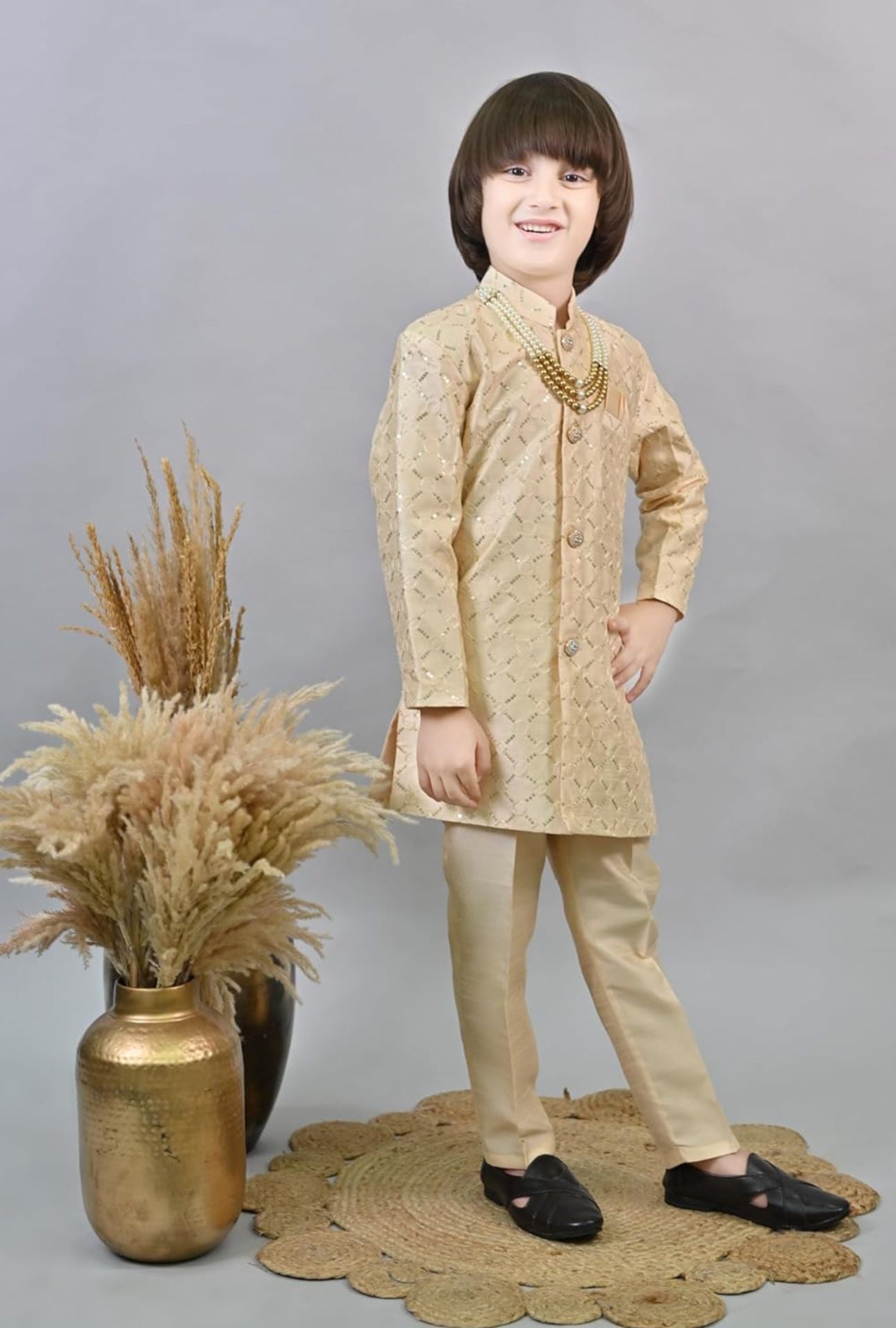 Biege Kids Ethnic Sequin Embellished Indo-Western Kurta and Trouser Set for Boys in Germany