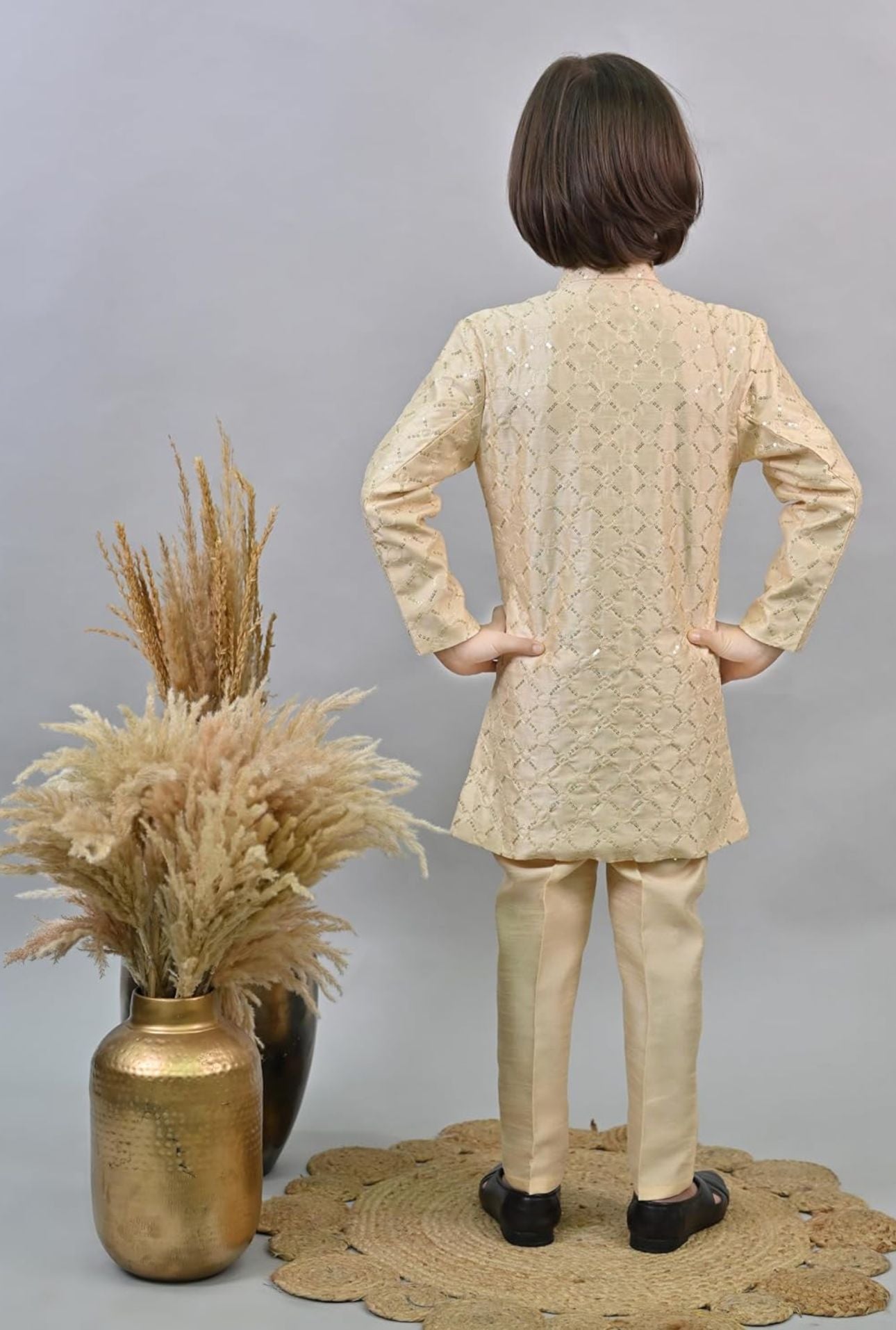 Biege Kids Ethnic Sequin Embellished Indo-Western Kurta and Trouser Set for Boys in Germany