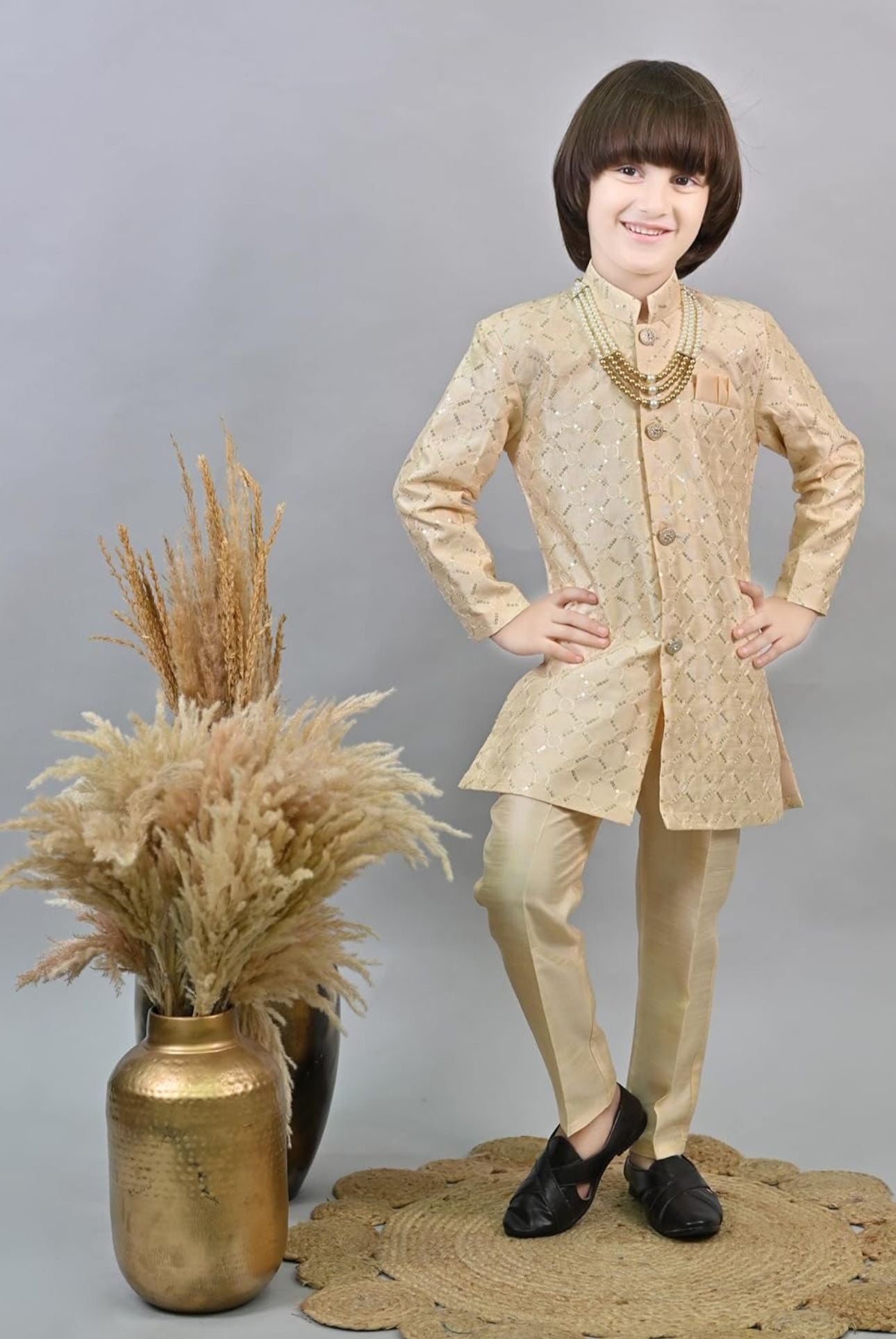 Biege Kids Ethnic Sequin Embellished Indo-Western Kurta and Trouser Set for Boys in Germany