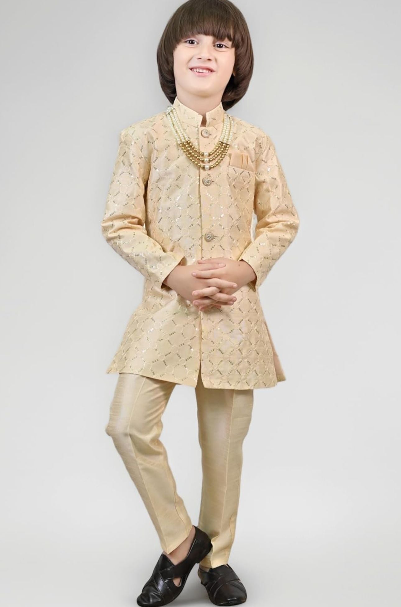 Biege Kids Ethnic Sequin Embellished Indo-Western Kurta and Trouser Set for Boys in Germany