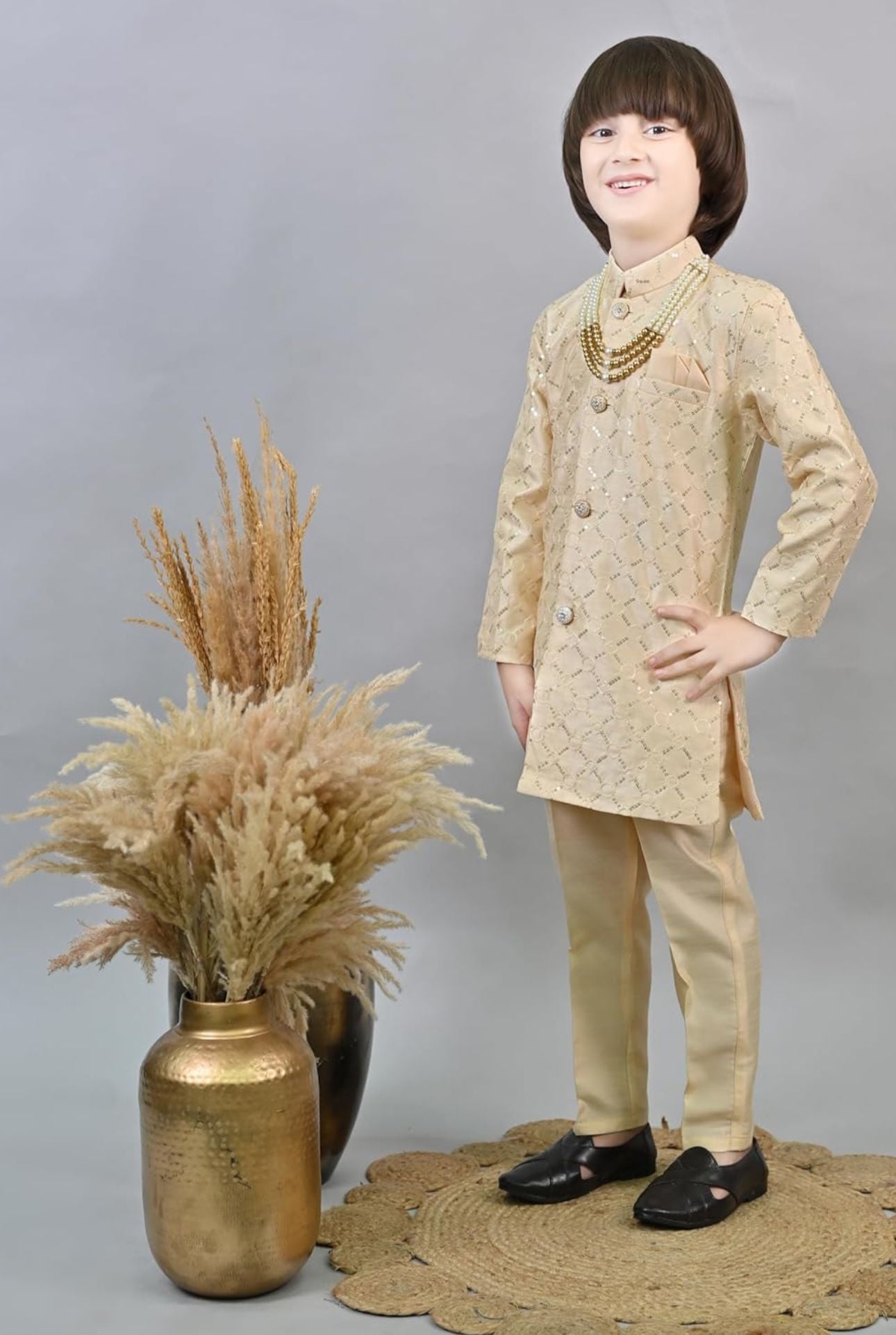 Biege Kids Ethnic Sequin Embellished Indo-Western Kurta and Trouser Set for Boys in Germany
