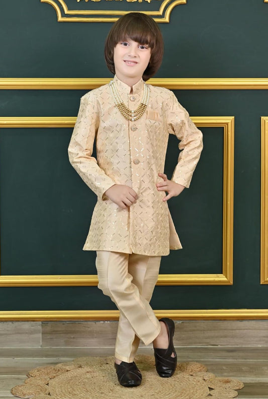 Biege Kids Ethnic Sequin Embellished Indo-Western Kurta and Trouser Set for Boys in Germany