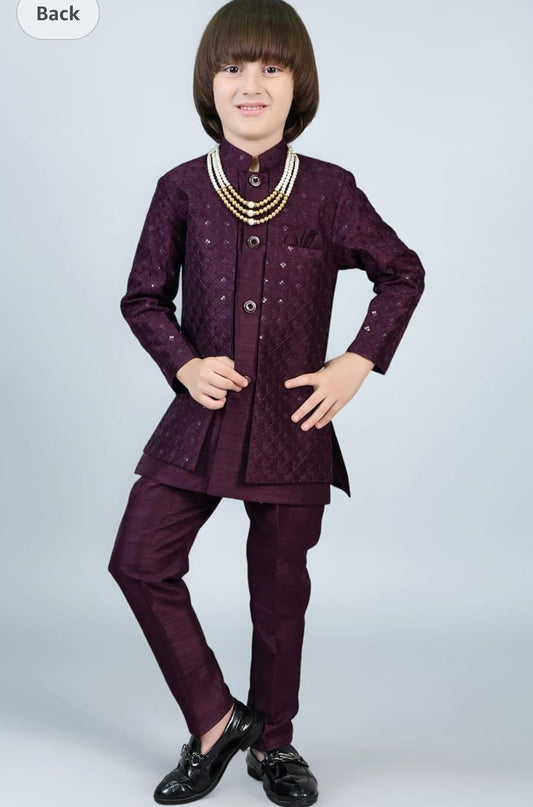 Wine Kids Ethnic Sequin Embellished Indo-Western Kurta and Trouser Set for Boys in Germany