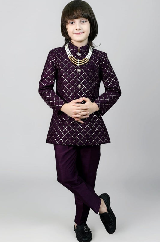 Boys' Woven Brocade Jodhpuri Bandhgala Suit Set with Pearl Mala | Kids Indo-Western Ethnic Receptions Dress in Germany