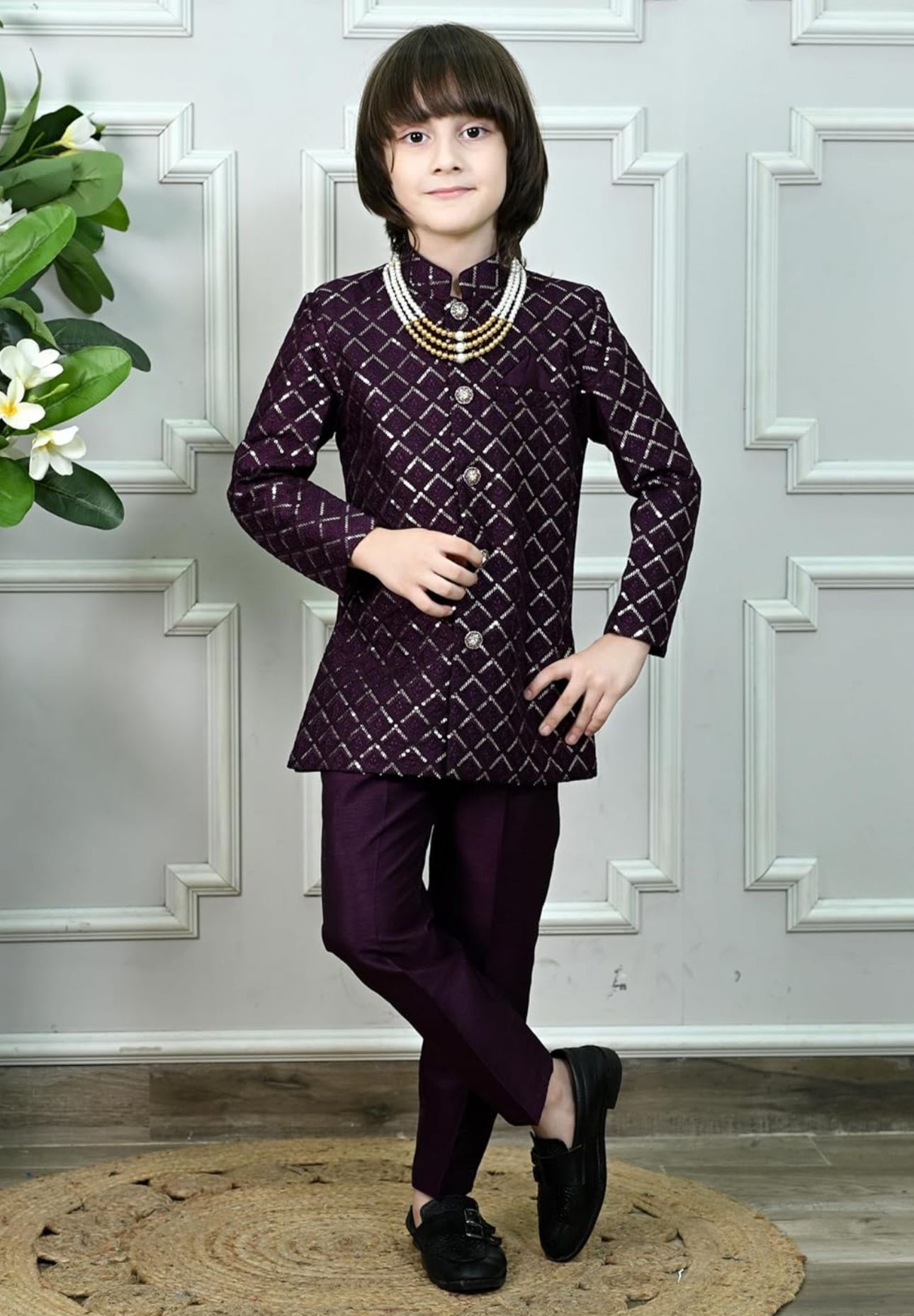Boys' Woven Brocade Jodhpuri Bandhgala Suit Set with Pearl Mala | Kids Indo-Western Ethnic Receptions Dress in Germany