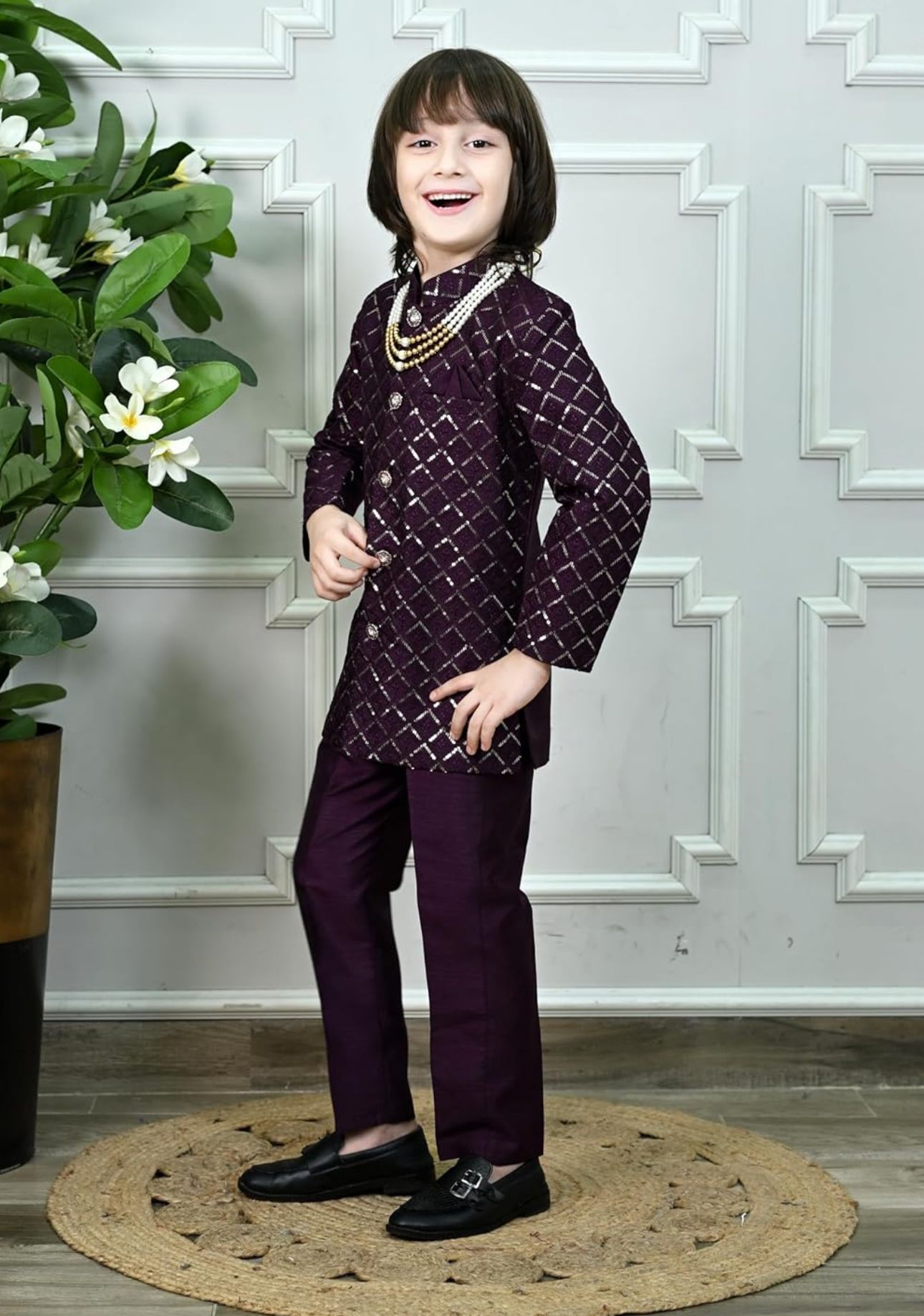 Boys' Woven Brocade Jodhpuri Bandhgala Suit Set with Pearl Mala | Kids Indo-Western Ethnic Receptions Dress in Germany