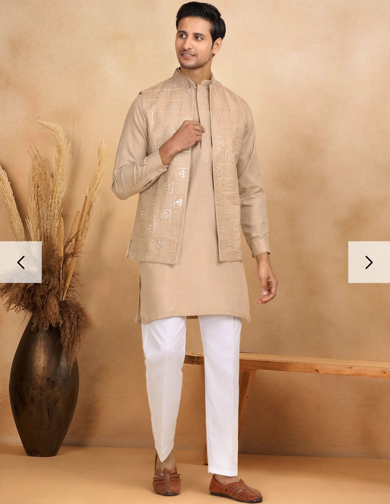 Cotton Regular Straight Kurta Trouser With Sequin Embroidery Open Nehru Jacket Set in Germany