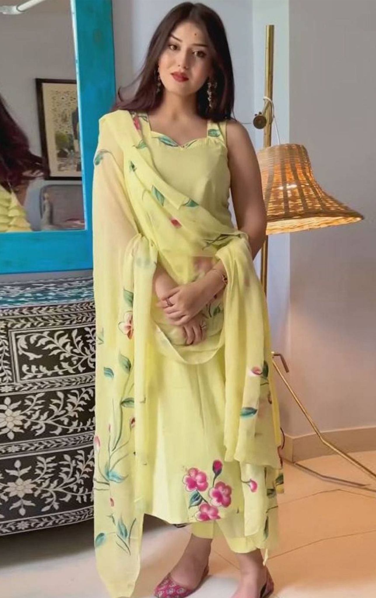 Yellow Embroidered Georgette Straight Kurta Set in Germany