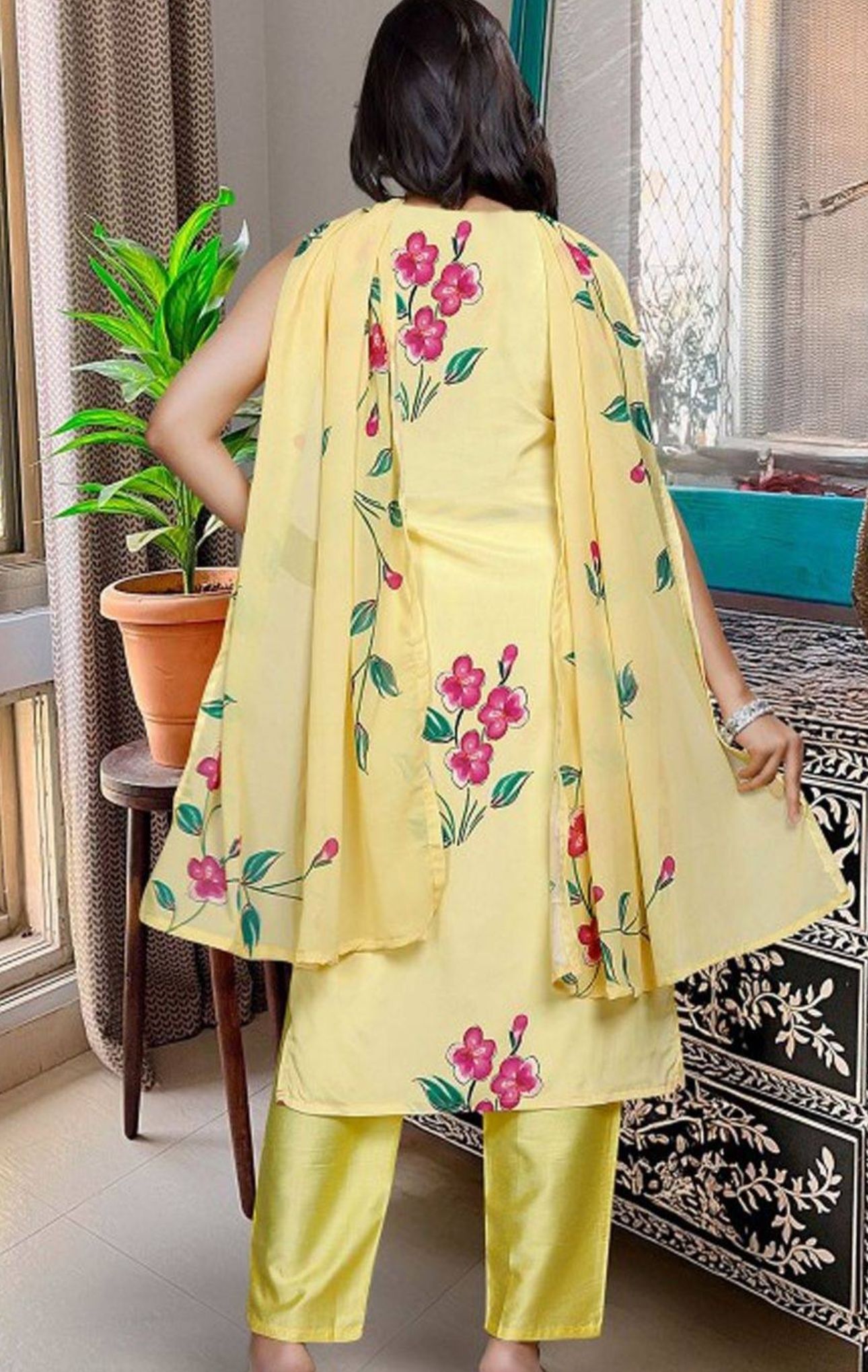 Yellow Embroidered Georgette Straight Kurta Set in Germany