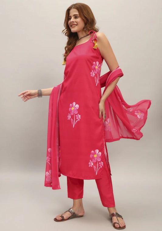 Women Crepe Kurti Pant Dupatta Set embroidery and fabric detail - Neha Couture Indian Fashion