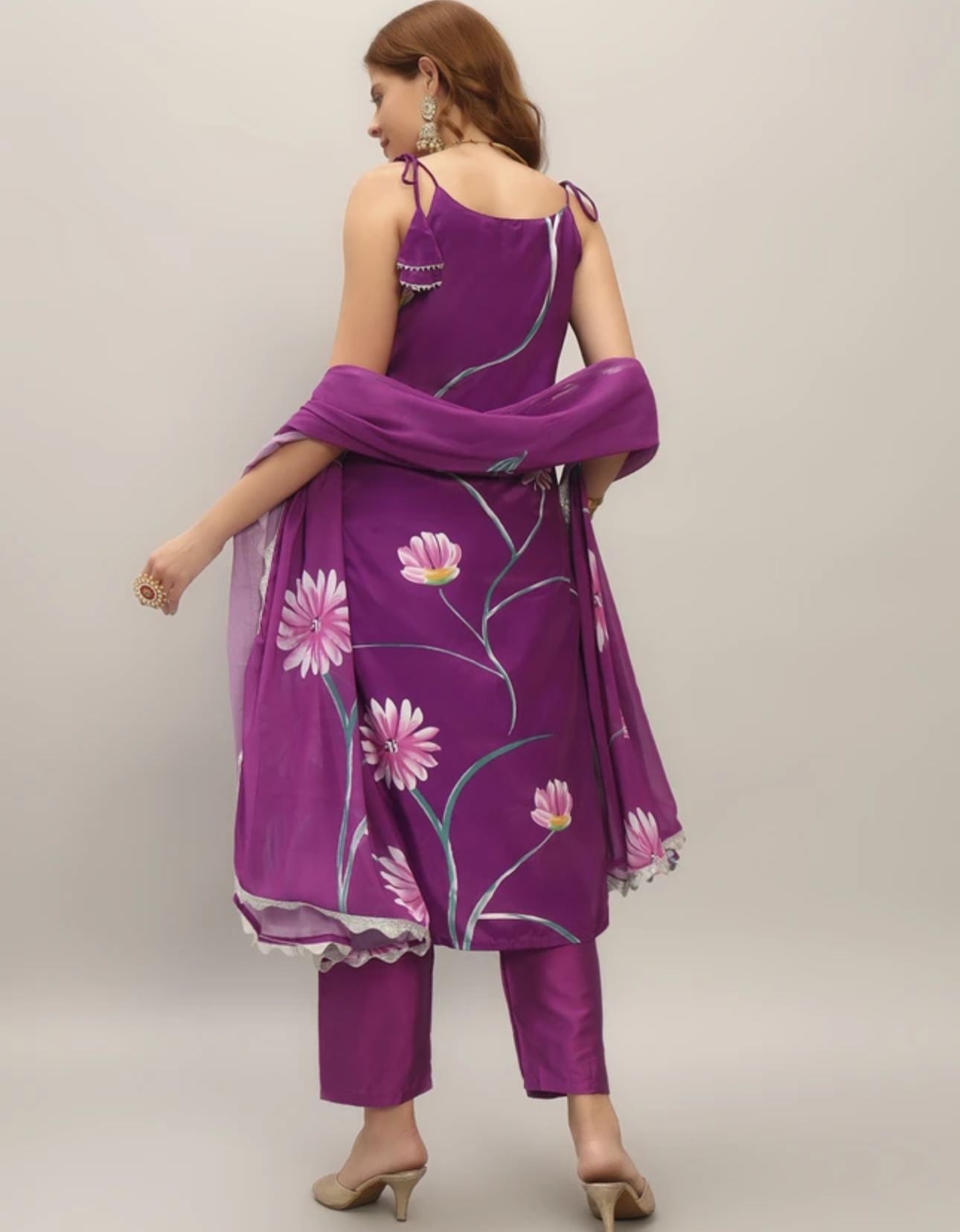 Purple Women Crepe Kurti Pant Dupatta Set in Germany
