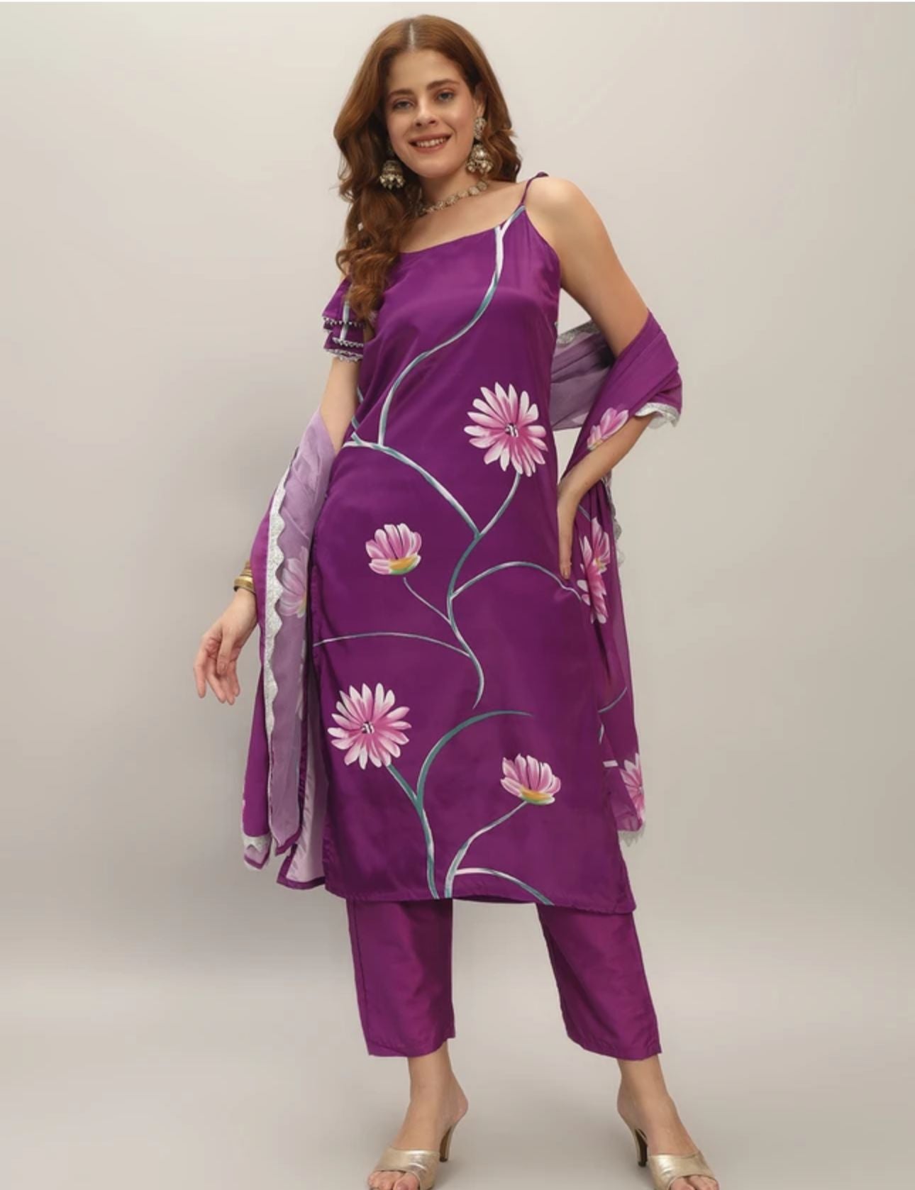 Purple Women Crepe Kurti Pant Dupatta Set in Germany