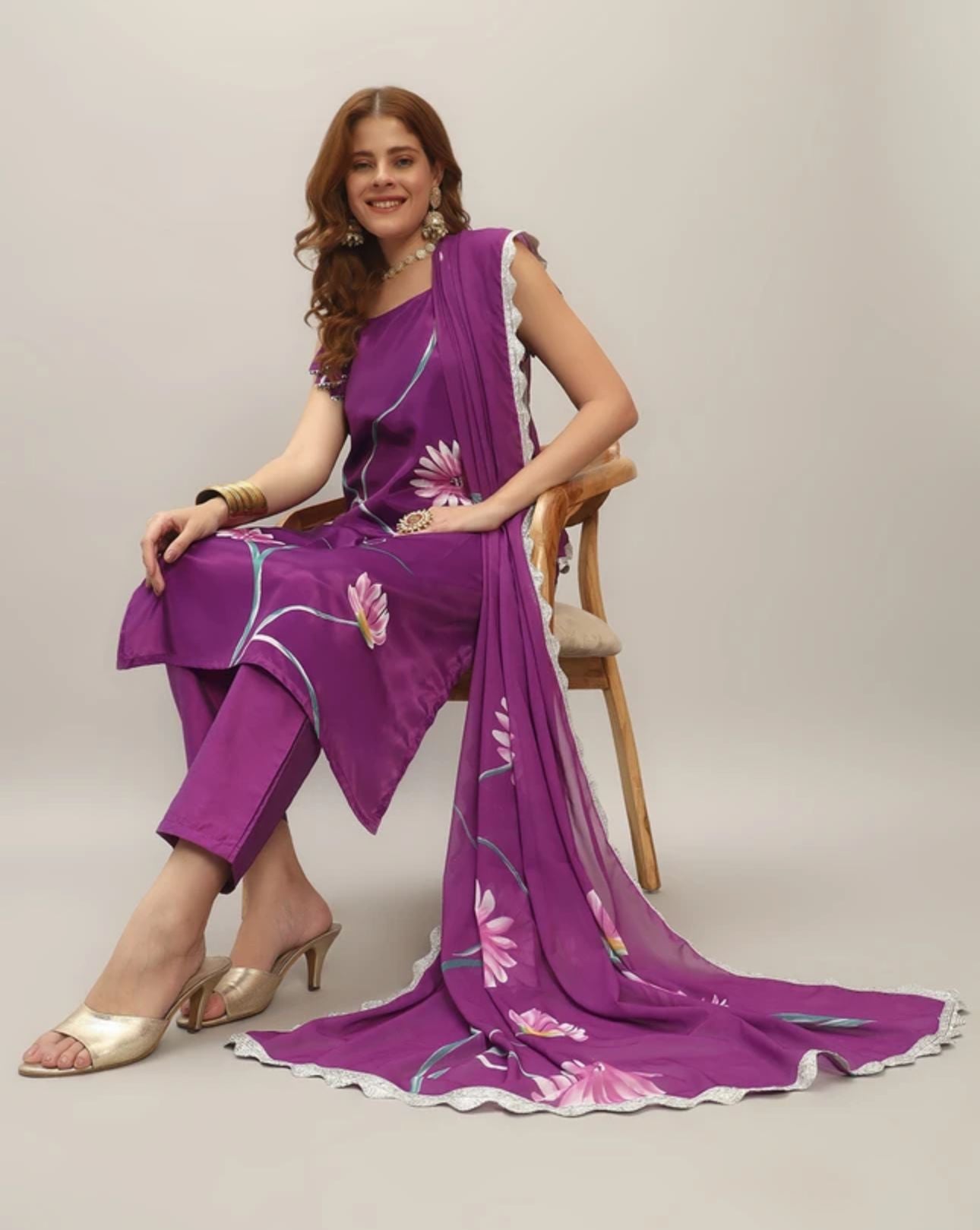 Purple Women Crepe Kurti Pant Dupatta Set in Germany