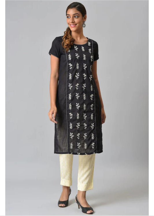 Black Embroidered Ethnic kurta embroidery and fabric detail - Neha Couture Indian Fashion