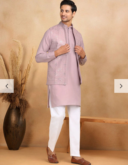 Cotton Regular Straight Kurta Trouser With Sequin Embroidery Open Nehru Jacket Set in Germany (Copy)