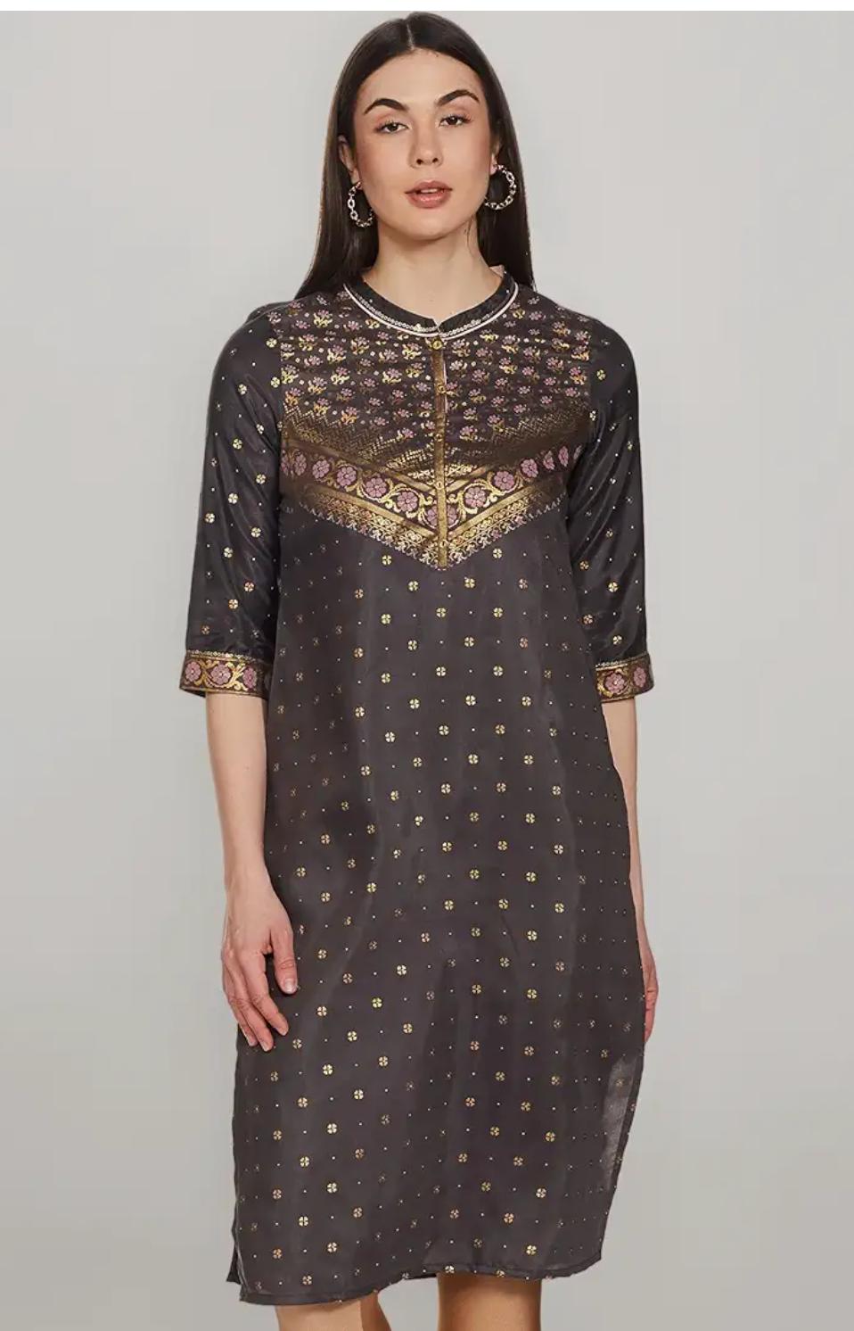 Women's Polyester Straight Fit Ultimate Ornamental Mandarin Collar Kurta in Germany