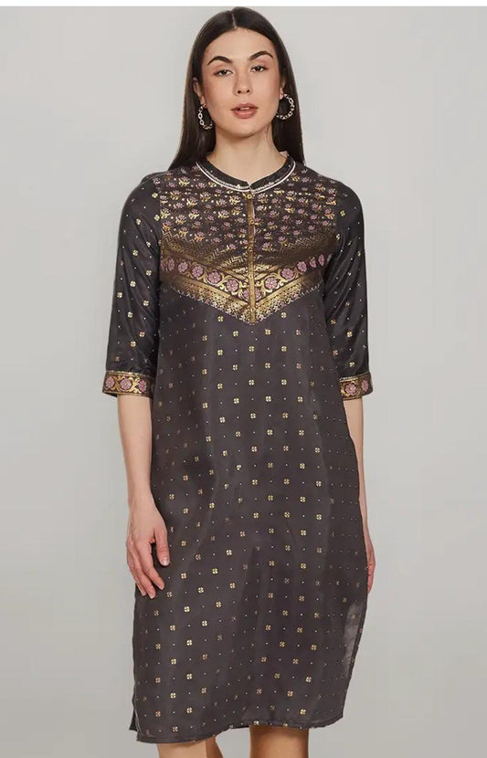 Women's Polyester Straight Fit Ultimate Ornamental Mandarin Collar Kurta in Germany