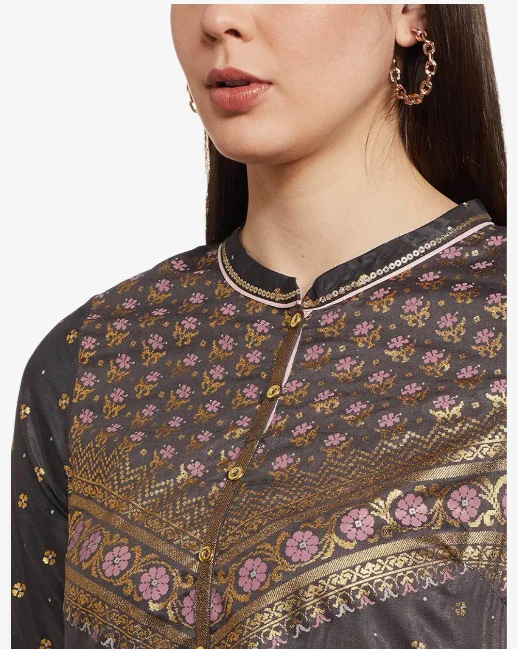Women's Polyester Straight Fit Ultimate Ornamental Mandarin Collar Kurta in Germany
