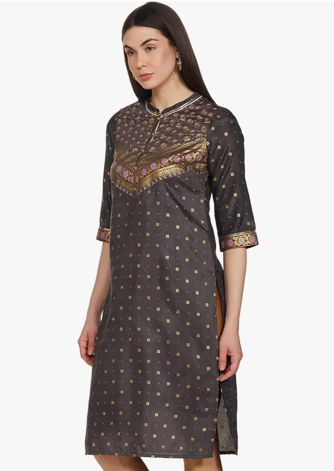 Women's Polyester Straight Fit Ultimate Ornamental Mandarin Collar Kurta in Germany