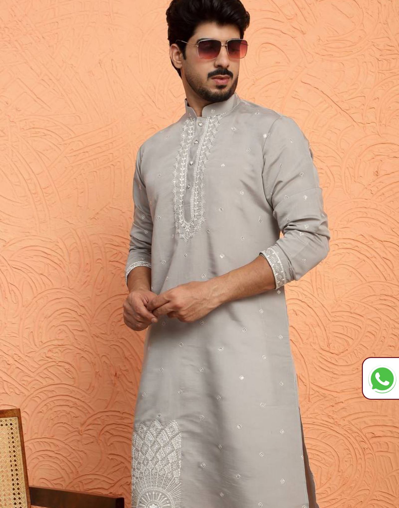 Cotton Silk Yoke Design Embroidered Grey Kurta in Germany
