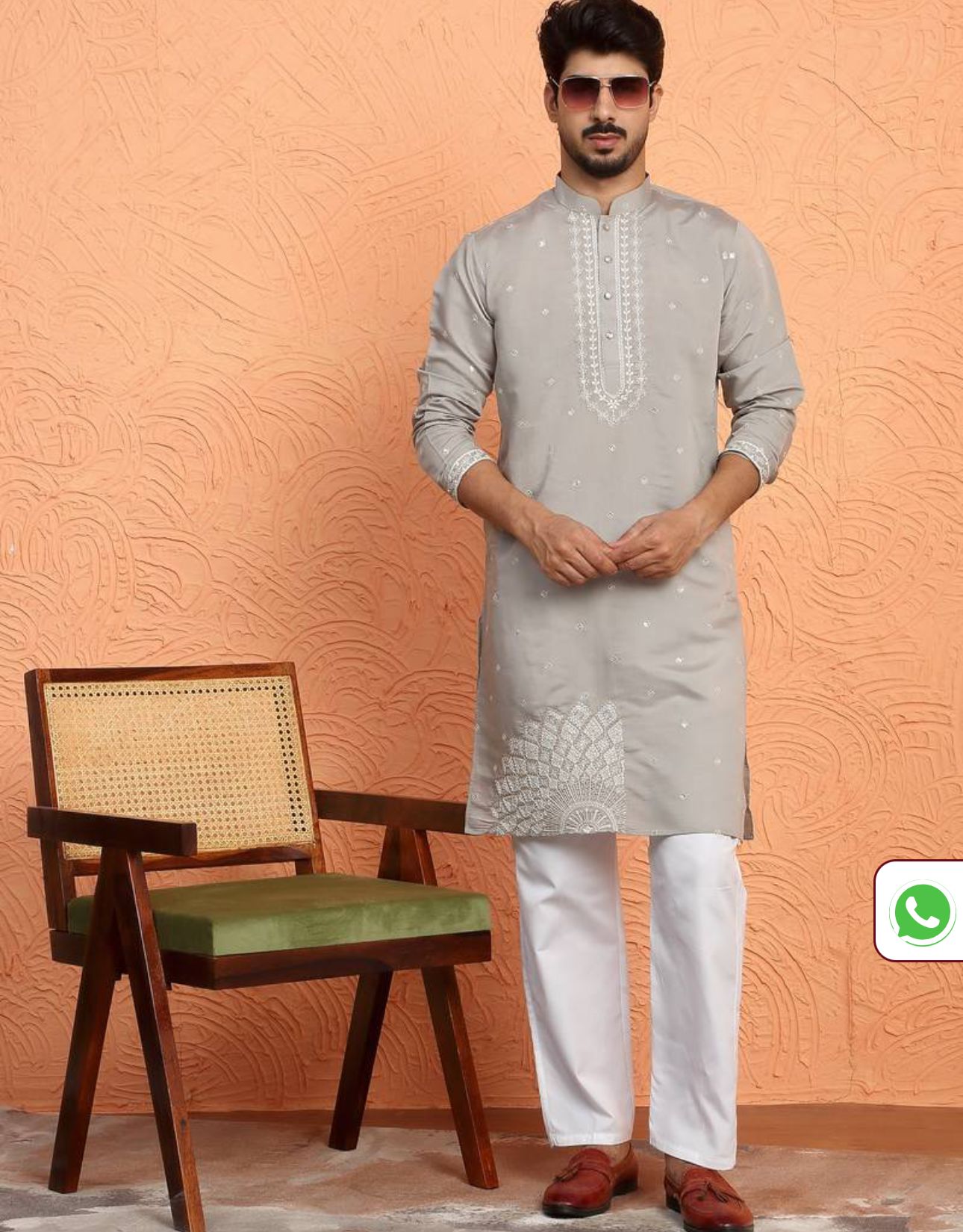Cotton Silk Yoke Design Embroidered Grey Kurta in Germany