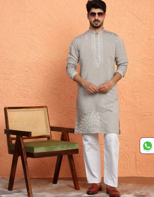 Cotton Silk Yoke Design Embroidered Grey Kurta in Germany