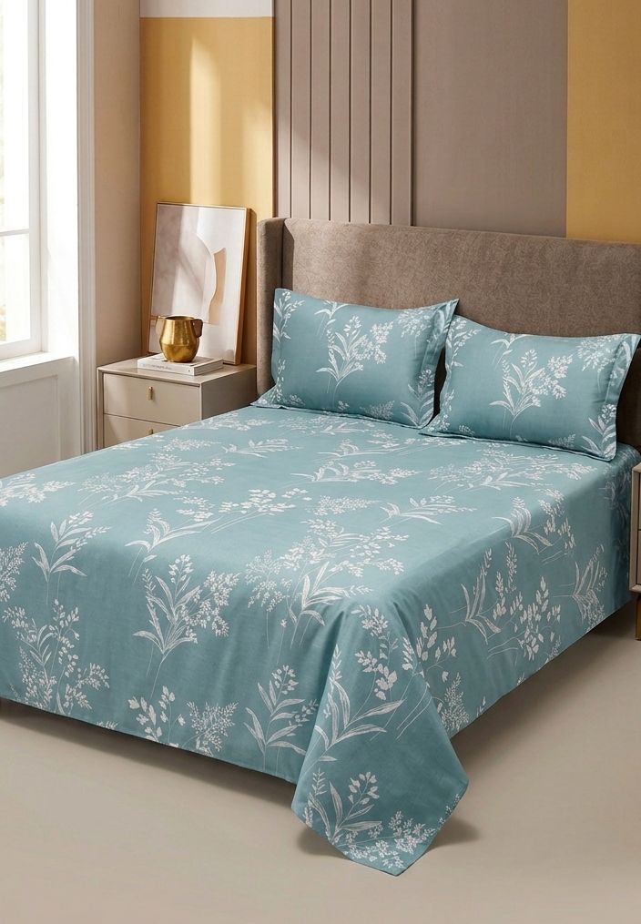 Floral Teal Blue Microfibre King Bedsheet with 2 Pillow Covers in Berlin