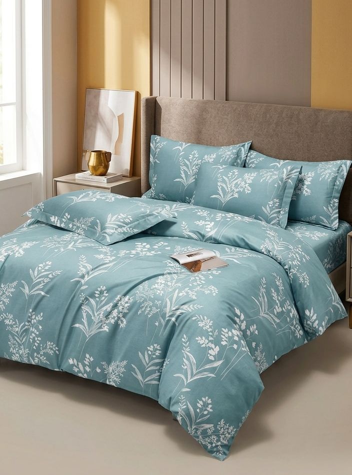 Floral Teal Blue Microfibre King Bedsheet with 2 Pillow Covers in Berlin