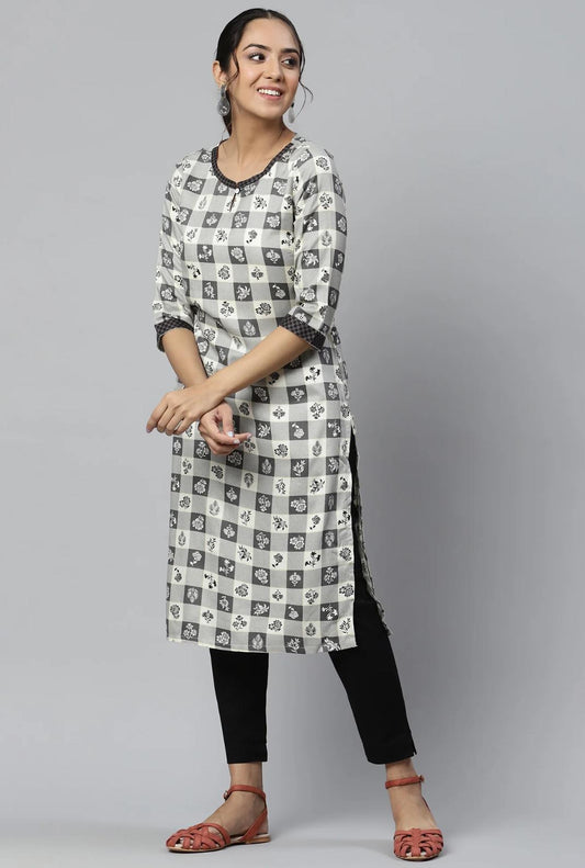 Beige Rayon Floral Printed Ethnic kurta embroidery and fabric detail - Neha Couture Indian Fashion