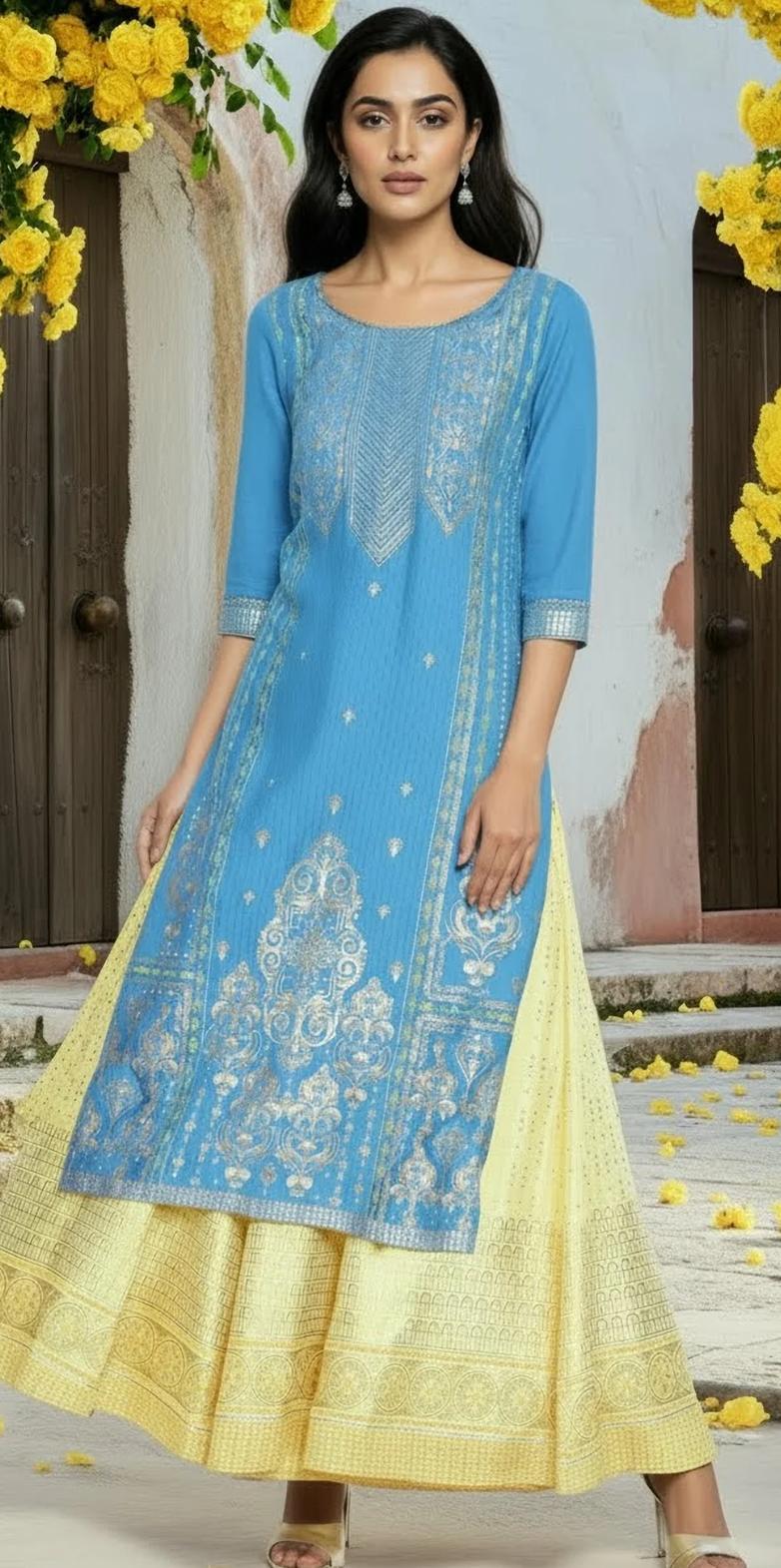 Blue Round Neck Printed Straight kurta in Germany