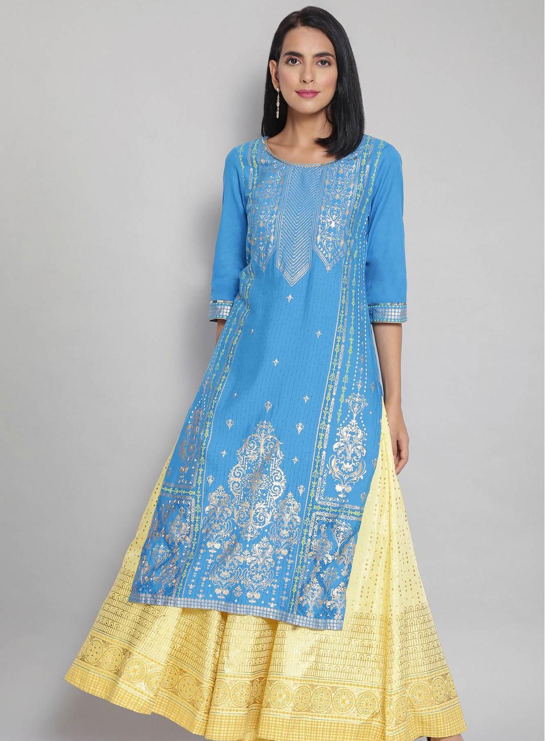 Blue Round Neck Printed Straight kurta in Germany