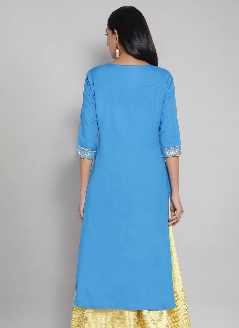 Blue Round Neck Printed Straight kurta in Germany