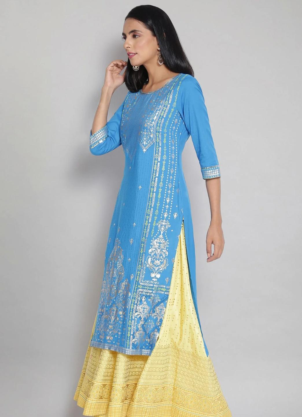 Blue Round Neck Printed Straight kurta in Germany