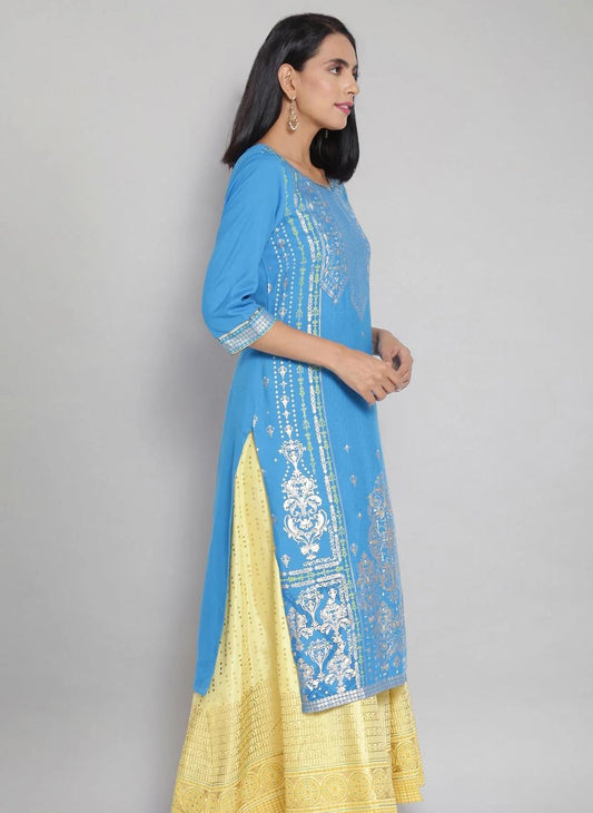 Blue Round Neck Printed Straight kurta embroidery and fabric detail - Neha Couture Indian Fashion