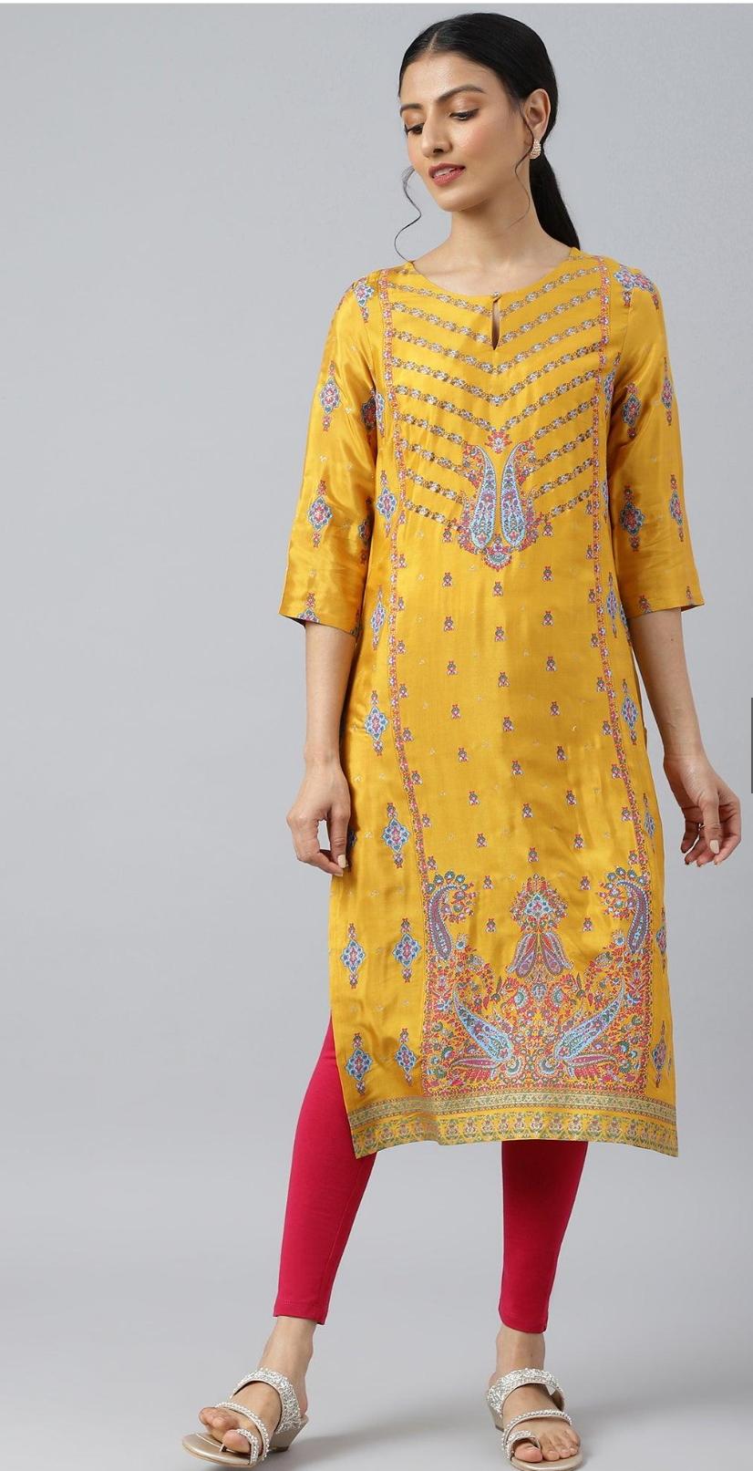 Mustard Glitter Printed Shantung kurta in Germany