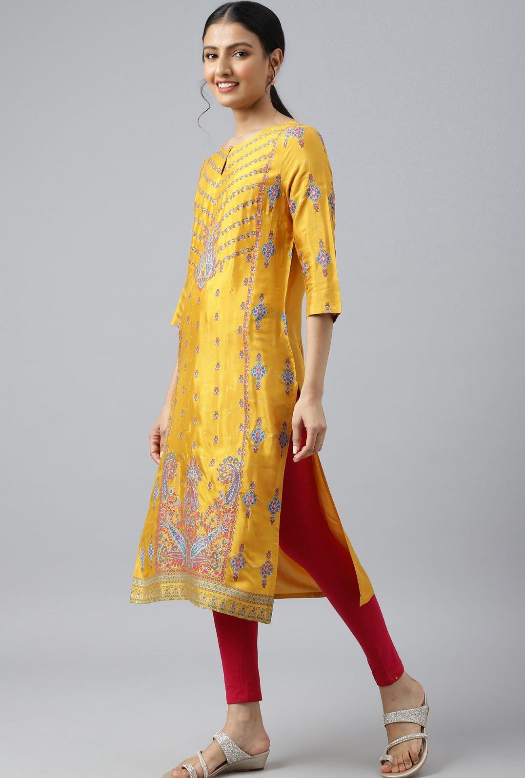 Mustard Glitter Printed Shantung kurta in Germany