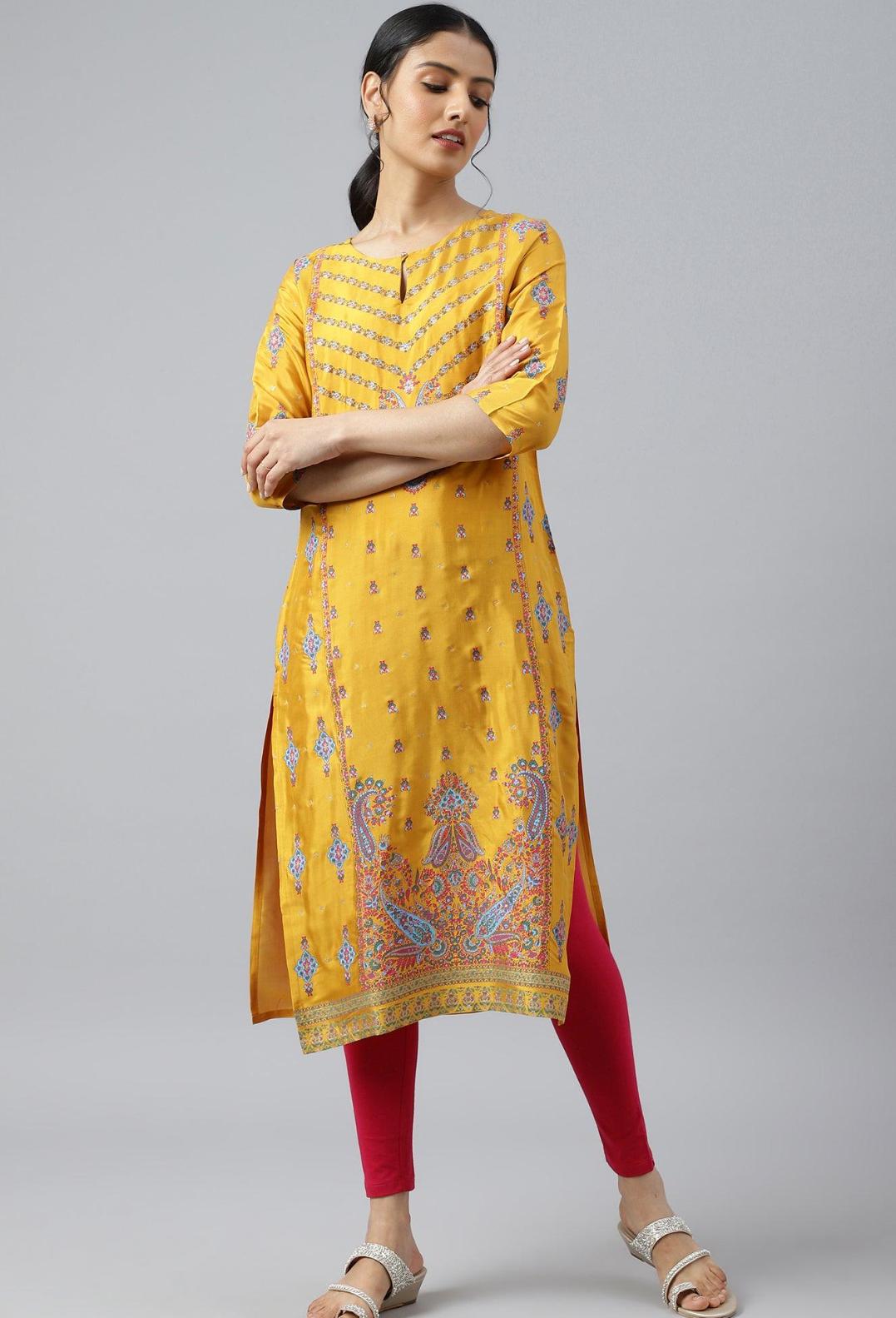 Mustard Glitter Printed Shantung kurta in Germany