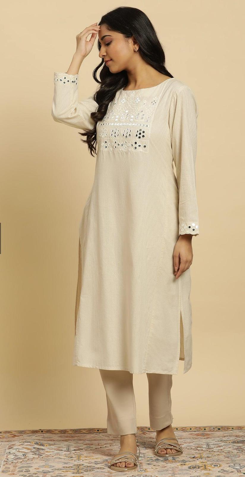 Off-White Cotton Kurta With Mirror Work in Germany