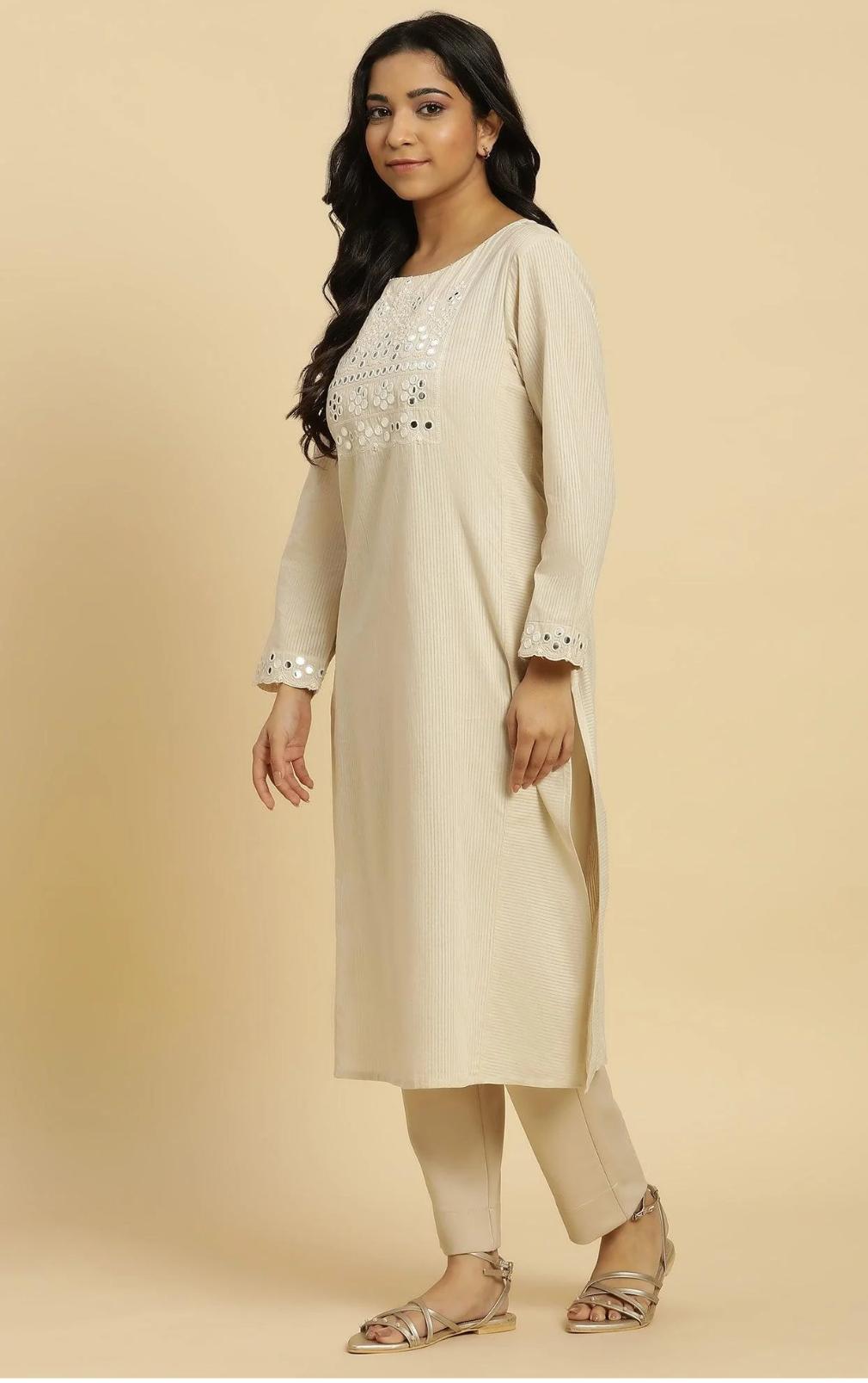Off-White Cotton Kurta With Mirror Work in Germany