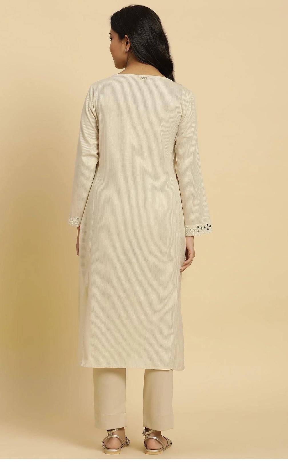 Off-White Cotton Kurta With Mirror Work in Germany