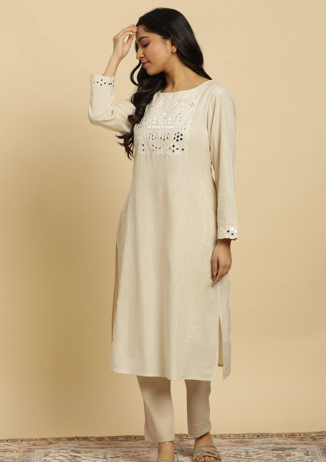 Off-White Cotton Kurta With Mirror Work in Germany