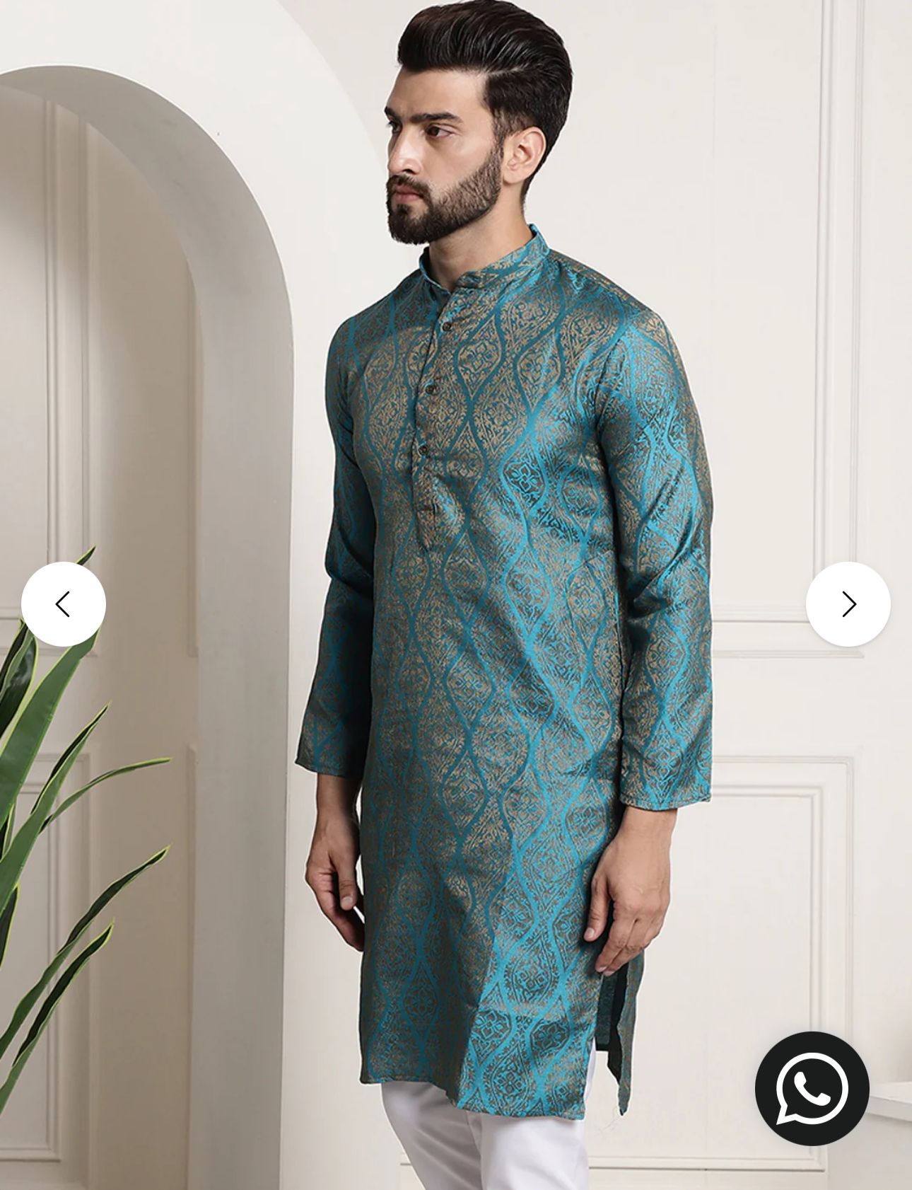 MEN'S SILK BLEND SELF DESIGN TEAL BLUE LONG KURTA SET IN GERMANY
