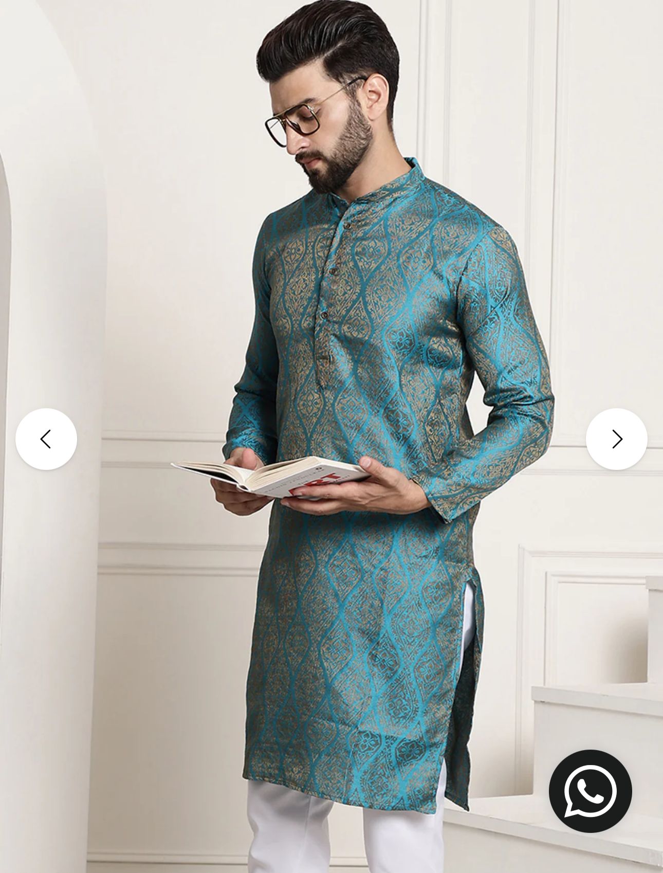 MEN'S SILK BLEND SELF DESIGN TEAL BLUE LONG KURTA SET IN GERMANY