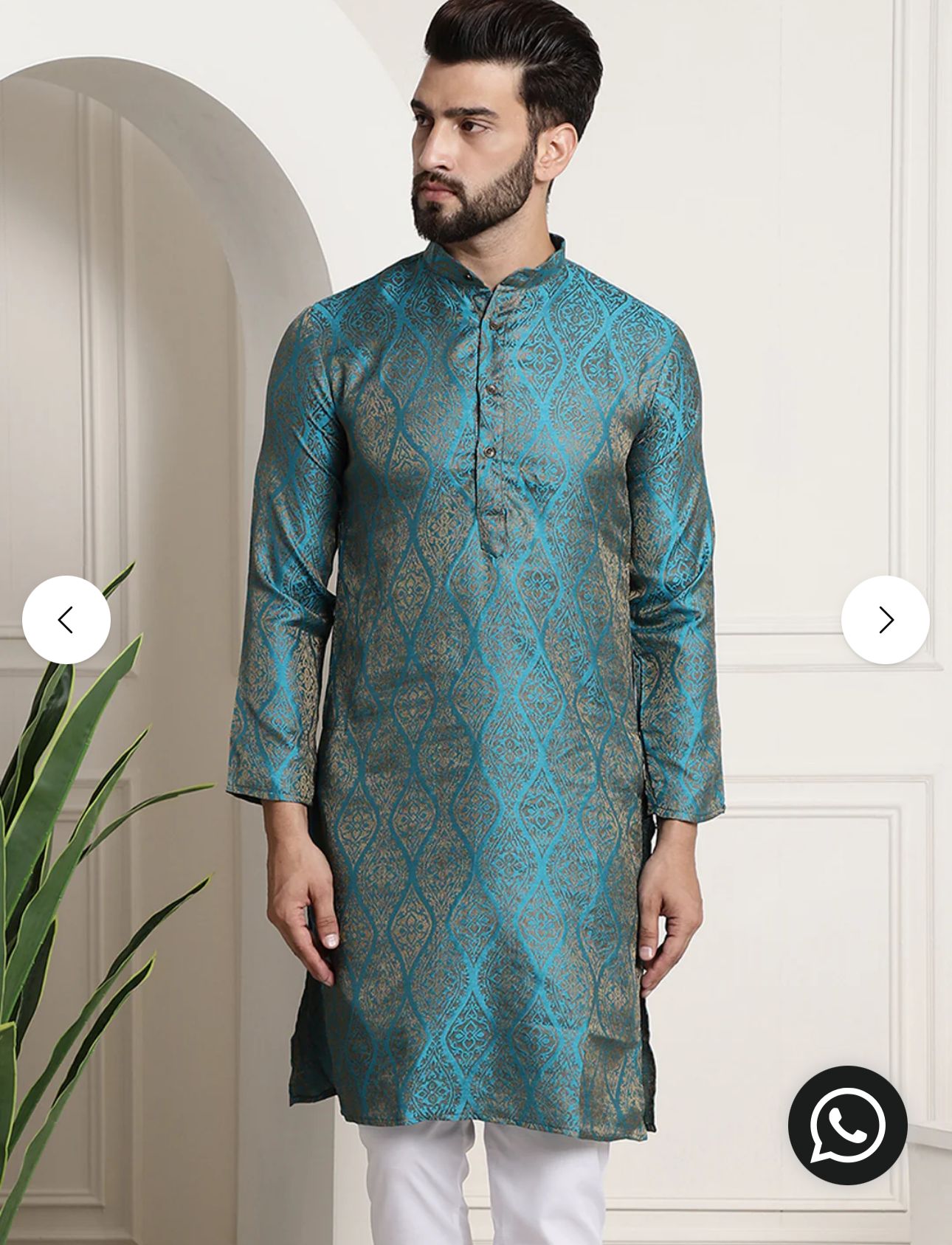 MEN'S SILK BLEND SELF DESIGN TEAL BLUE LONG KURTA SET IN GERMANY