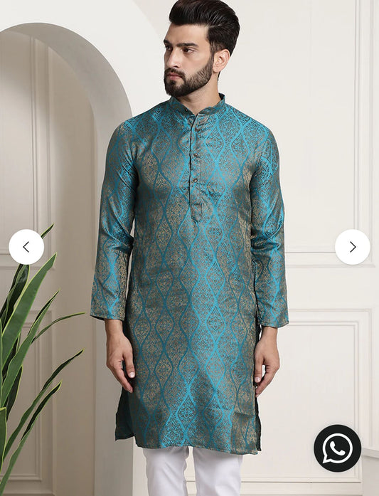 MEN'S SILK BLEND SELF DESIGN TEAL BLUE LONG KURTA SET IN GERMANY