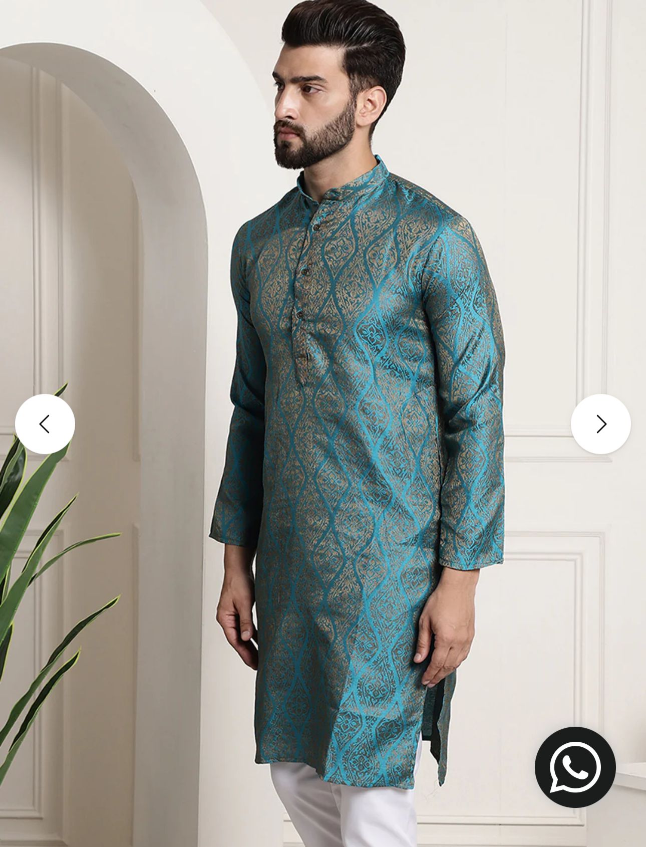 MEN'S SILK BLEND SELF DESIGN TEAL BLUE LONG KURTA SET IN GERMANY